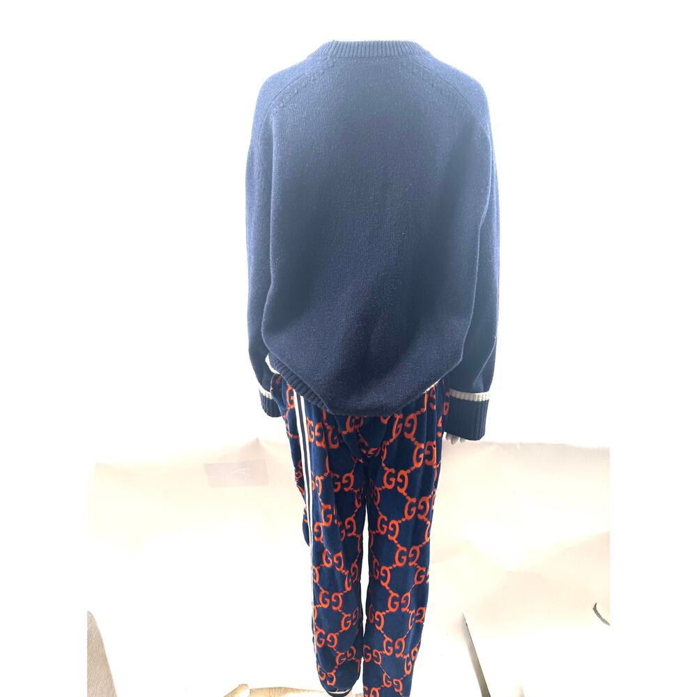 Gucci GG Velour Jogger Pants Size L Navy Orange Monogram Waffle Knit Sweatpants - Picture 13 of 15